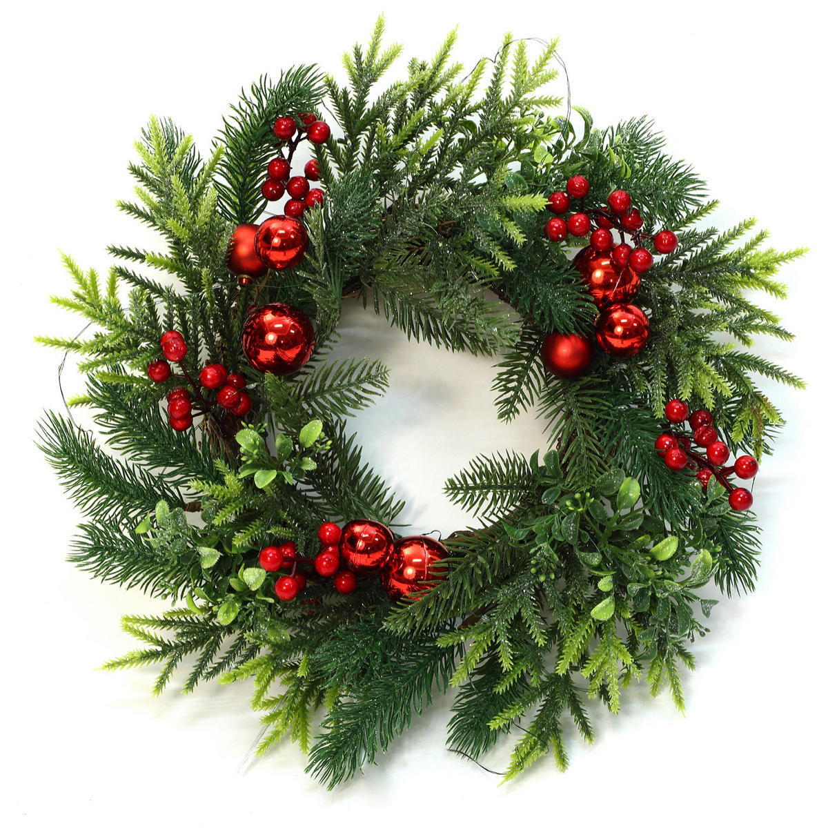 WEIHNACHTSKRANZ Ø40cm mit Beeren & Kugeln, 30 LEDs mit Timer - Dunkelgrün, Naturmaterialien (40cm) - Hometopia