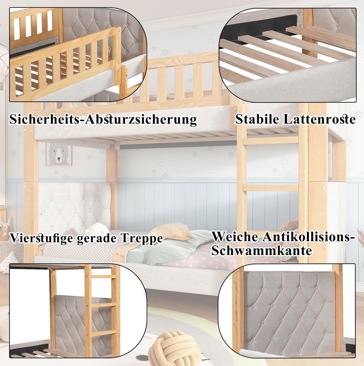 ETAGENBETT aus Kautschukholz und MDF 90x200 cm Grau/Natur mit gerader Treppe, Absturzsicherung und Schwammkante - Grau, Holzwerkstoff (90/200cm) - Modfu