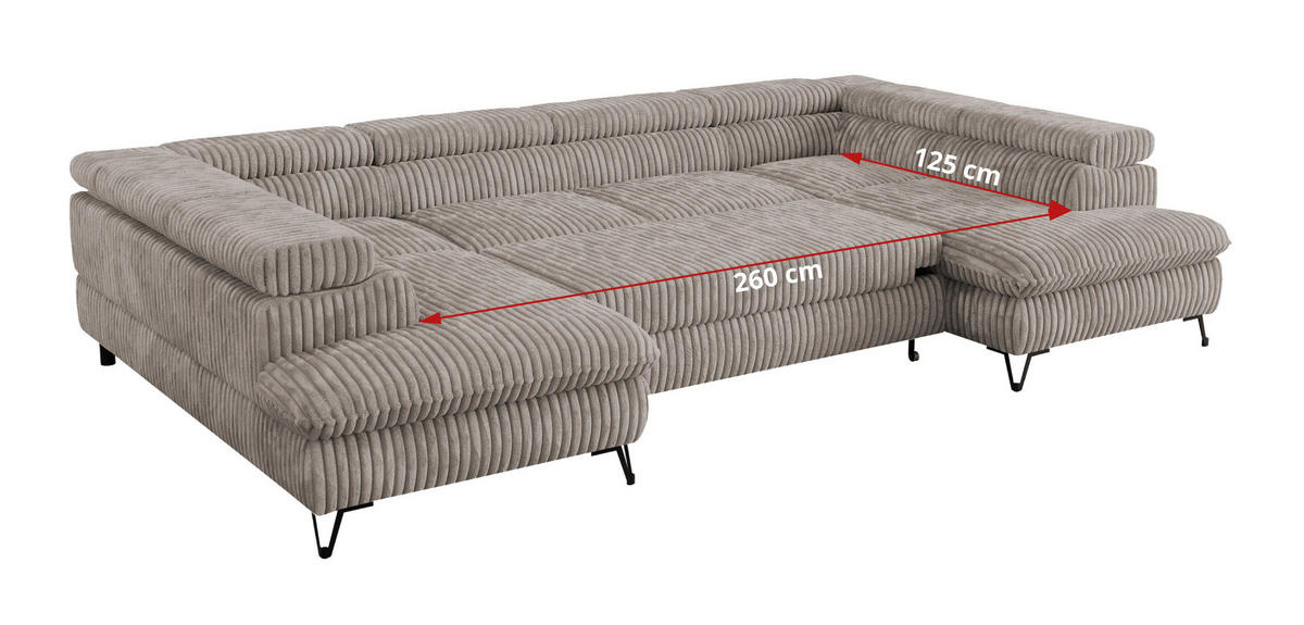 WOHNLANDSCHAFT PETER U Cord Hellbraun - Hellbraun/Schwarz, Textil/Metall (346/76/208cm) - MKS