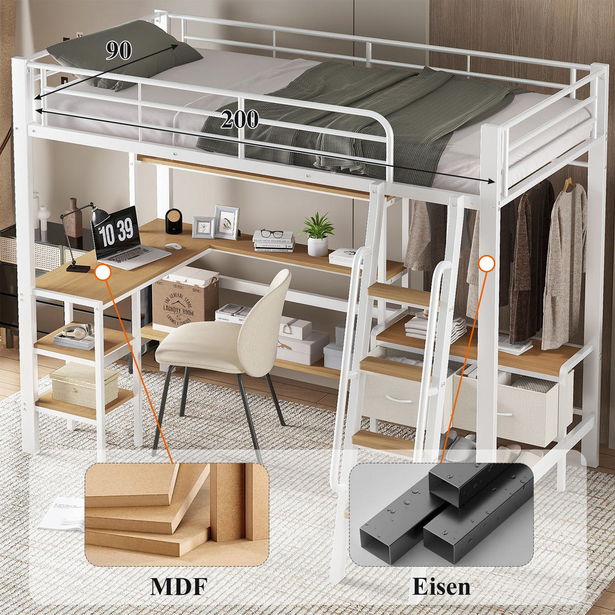 HOCHBETT 90/200 cm in Weiß & Natur mit Schreibtisch, Regal und 2 Stoffboxen Metall & Holz-Design - Weiß, Metall (90/200cm) - STILVORA