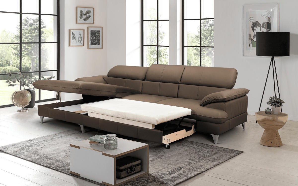 ECKSOFA mit Schlaffunktion und Bettkasten, Echtleder - Chromfarben/Braun, Leder/Holz (254/167cm) - Cotta