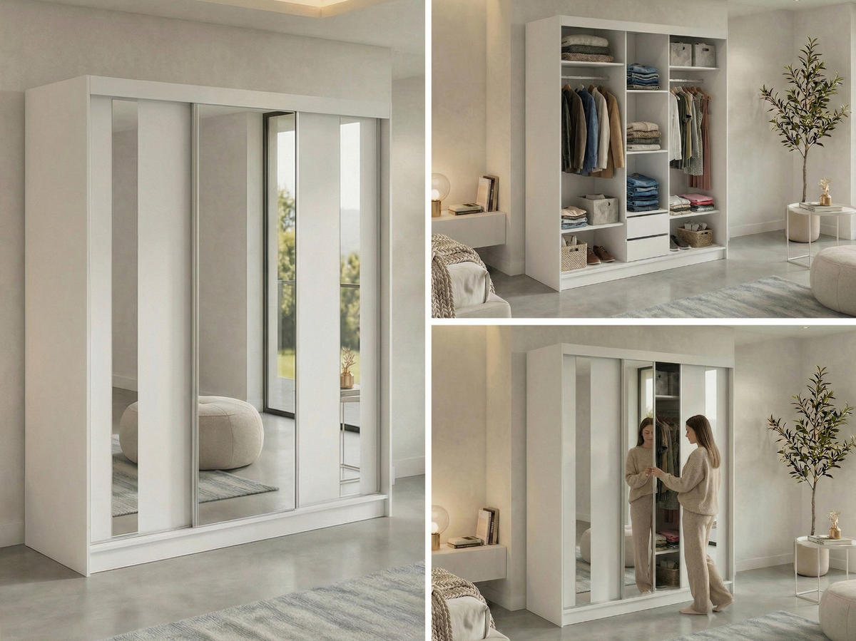SCHWEBETÜRENSCHRANK mit Schubladen 180 - GRECJA - Weiß mit Spiegel - Alufarben/Weiß, Holzwerkstoff/Metall (180/216/61cm) - MKS