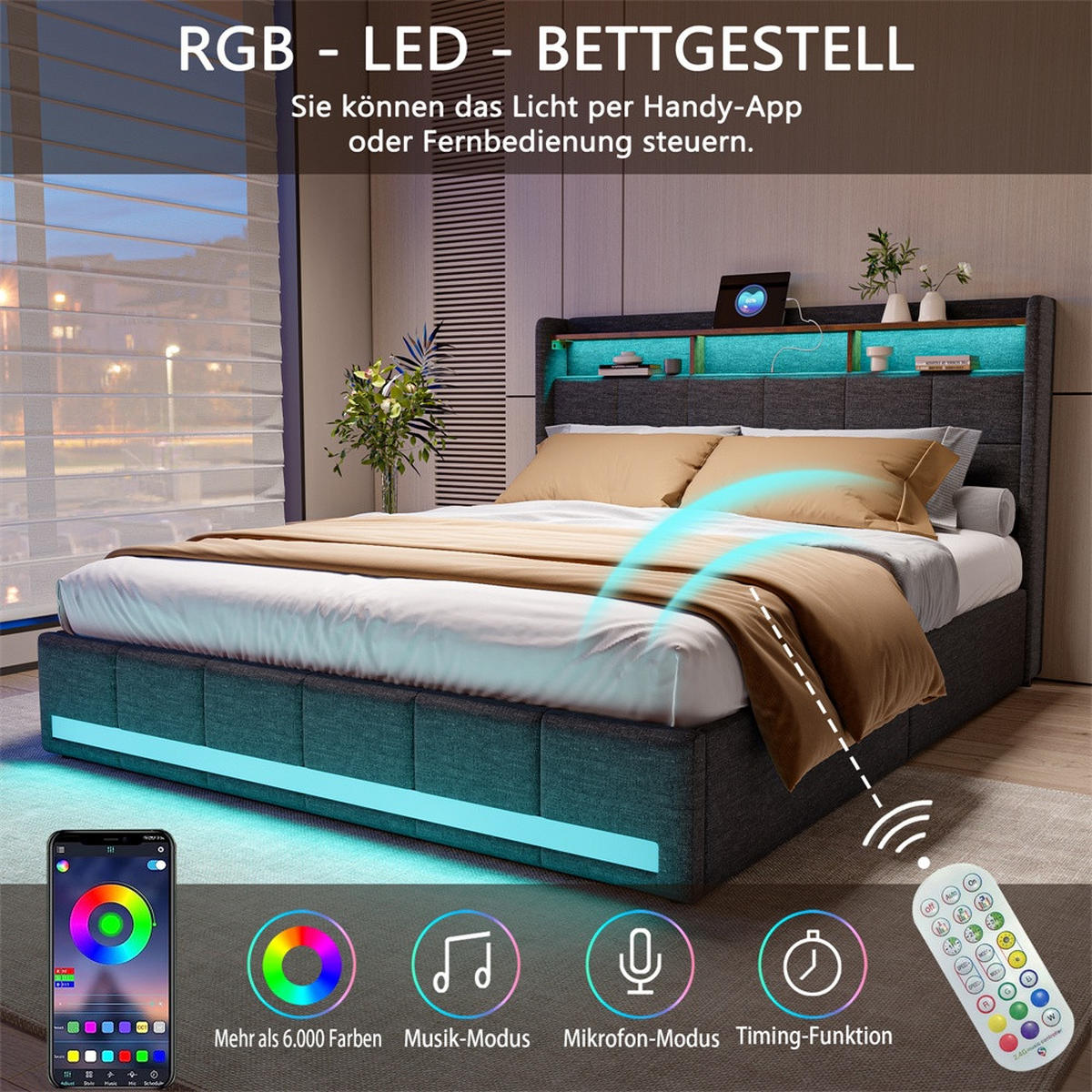 POLSTERBETT 140x200cm - Doppelbett mit 4 Schubladen - RGB-LED-Beleuchtung Ladestation - ohne Matratze - Grau - Grau, Textil (140/200cm) - DELFA
