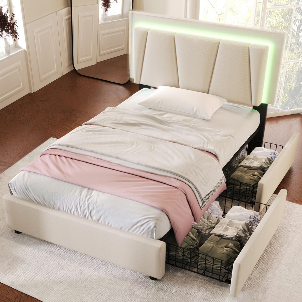 POLSTERBETT 90/200 cm in Beige mit LED-Beleuchtung, 2 Schubladen und Matratze - Beige, Holzwerkstoff (90/200cm) - Flora Grace