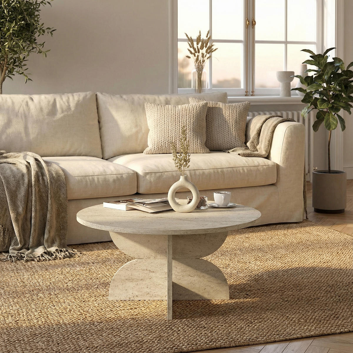 MOEBEL17 Couchtisch Rund Ø 75 cm Travertin Optik Beige – Moderner Wohnzimmertisch Steinoptik – Stabiler Design Sofatisch – Minimalistischer Wohnzimmer - Beige, Holzwerkstoff (75/75/37cm) - moebel17