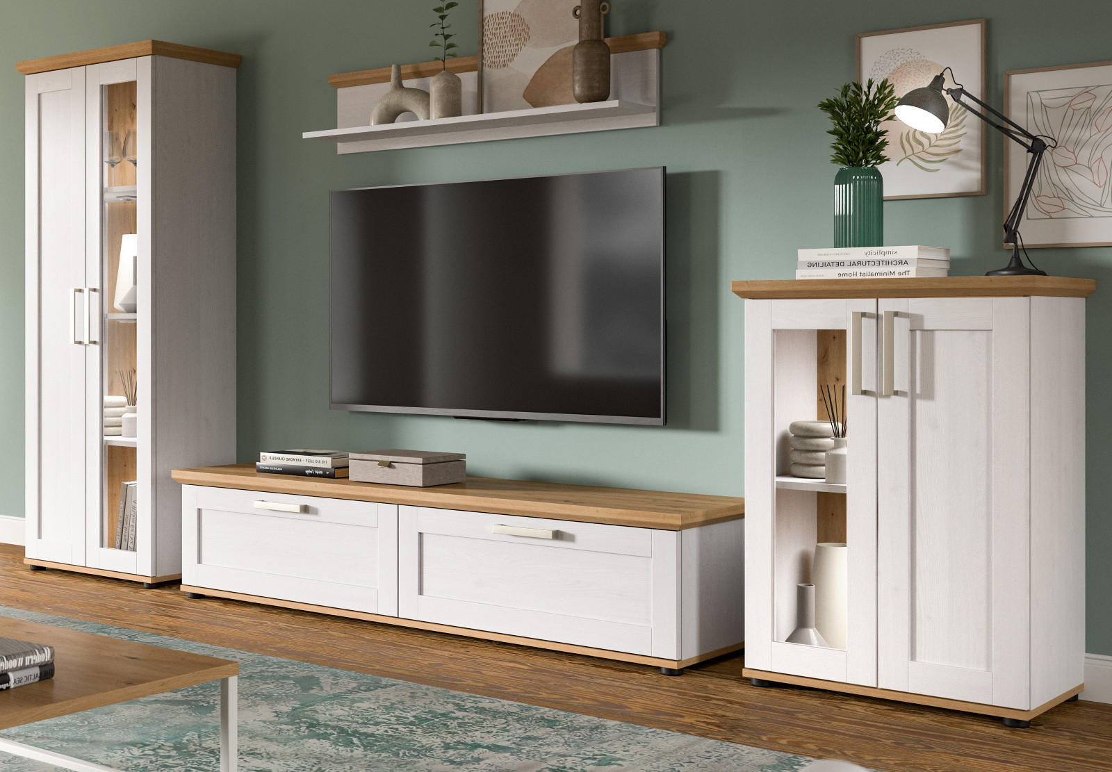 WOHNWAND 4-teilig weiß Lärche, Eiche Artisan 316 cm Landhaus, Schrankwand mit viel Stauraum - Silberfarben/Schwarz, Holzwerkstoff/Kunststoff (316/161/40cm) - Inn.Furn