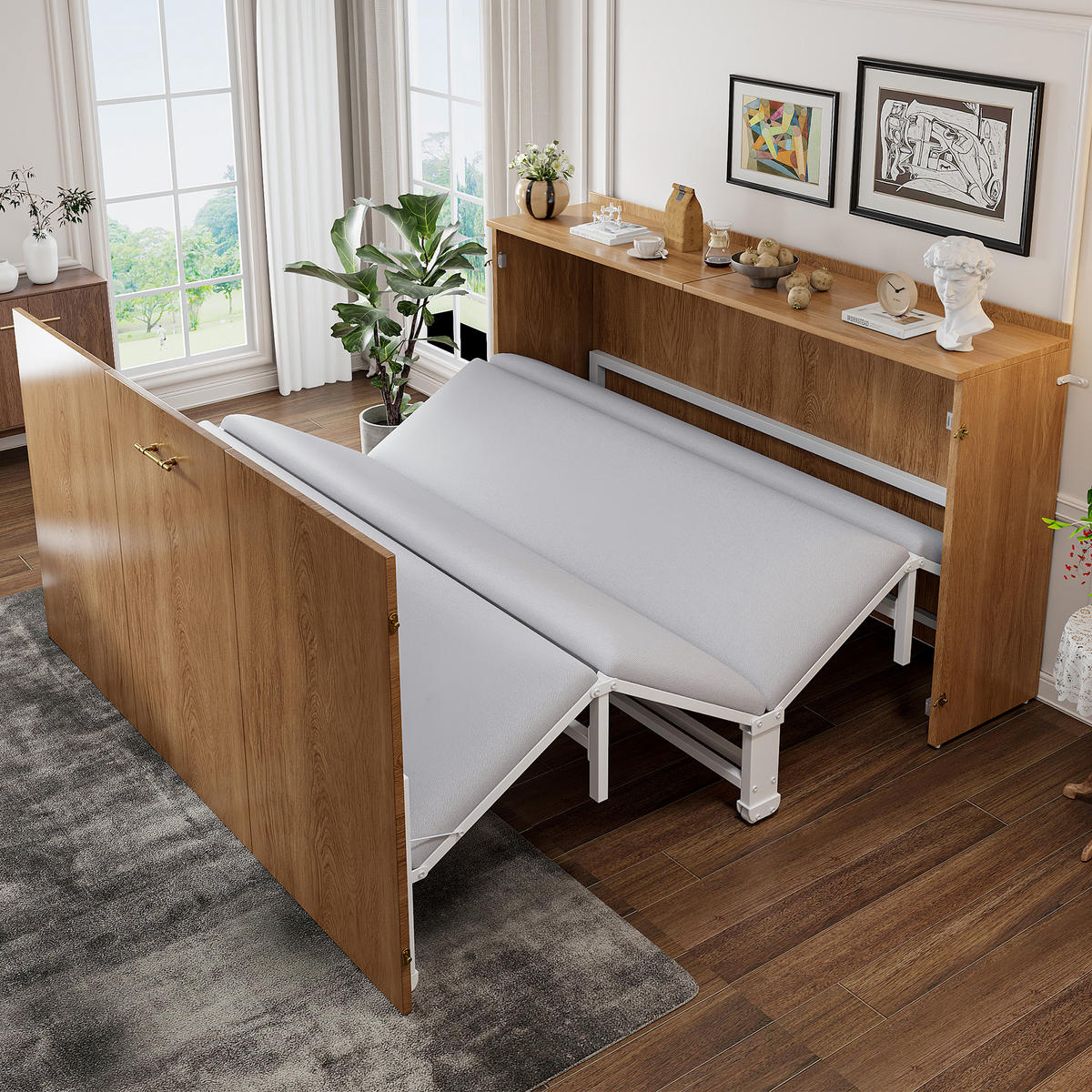 SCHRANKBETT 140/200 cm in Holz mit Leinenmatratze - Walnussfarben, Holzwerkstoff/Textil (140/200cm) - CHICFURN