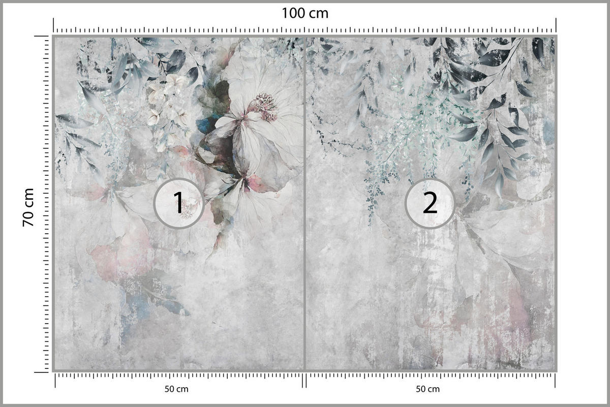 FOTOTAPETE für Schlafzimmer Zarte Blätter Beton Blumen Natur 100x70 - Schwarz/Rosa, Papier (100/70cm) - Muralo
