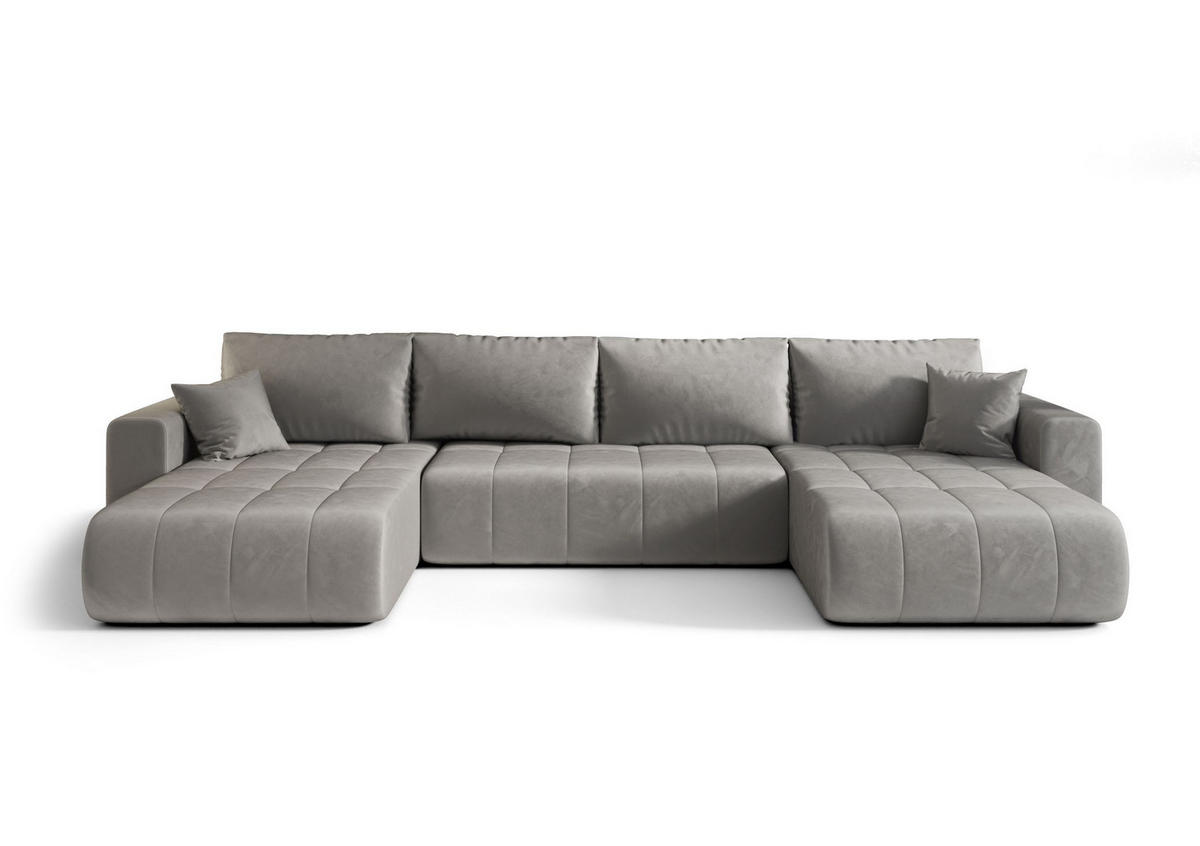 WOHNLANDSCHAFT LARA U-Form hellgrau Velours Monolith 84 - Schlaffunktion, Bettkasten - Hellgrau, Textil (385/85/175cm) - Cornero