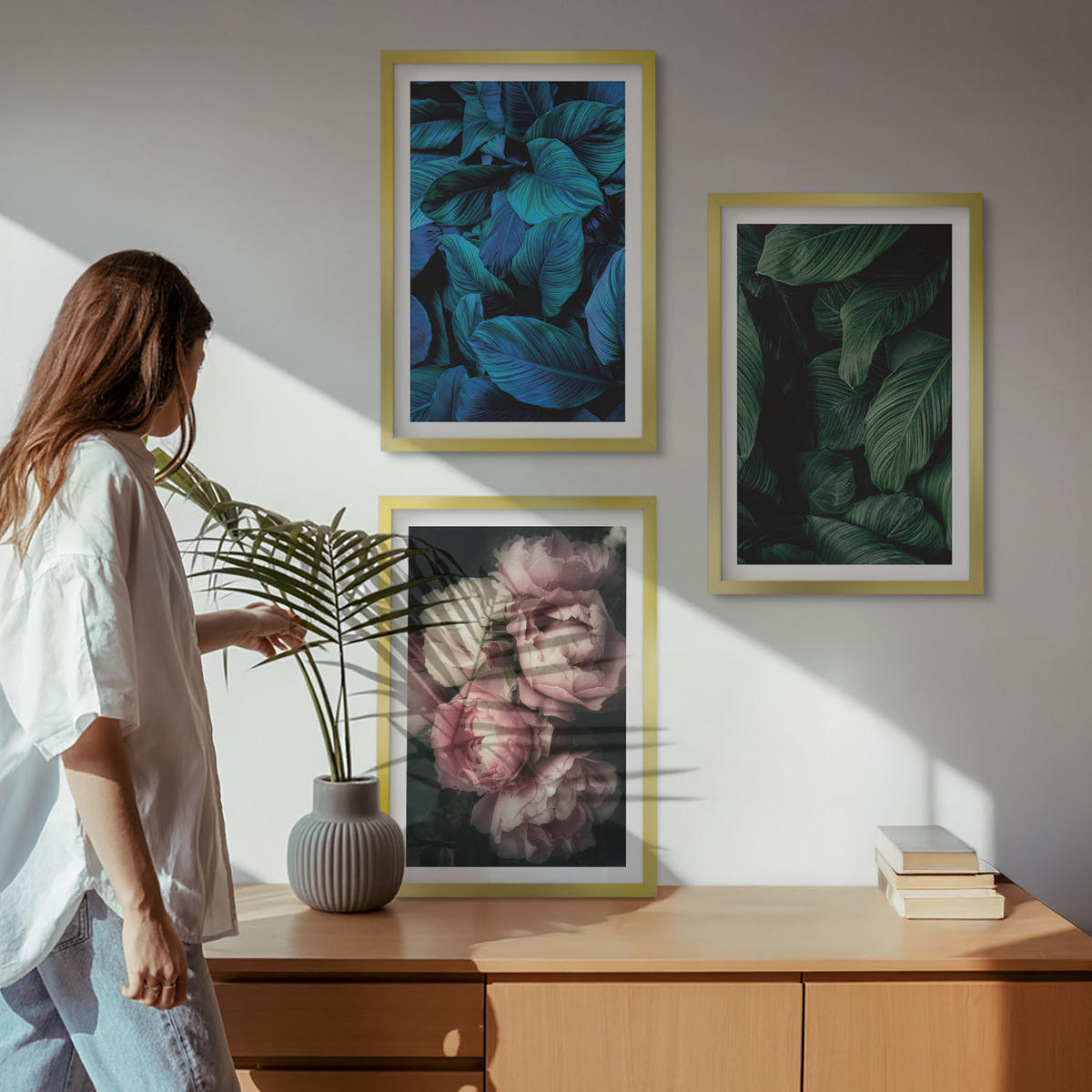 WANDBILDER 3er Set - 40x60 cm Goldrahmen - Blätter, Blüten, verschiedene Farben - Goldfarben, Kunststoff (40/60cm) - ArtPrintCave