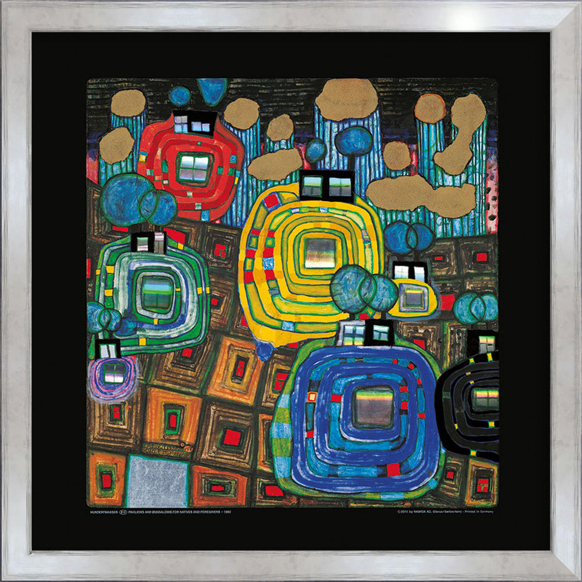 BILD gerahmt 53x53 cm Friedensreich Hundertwasser „Pavilions and Bungalows“ - Gelb, Holz (53/53cm) - artissimo