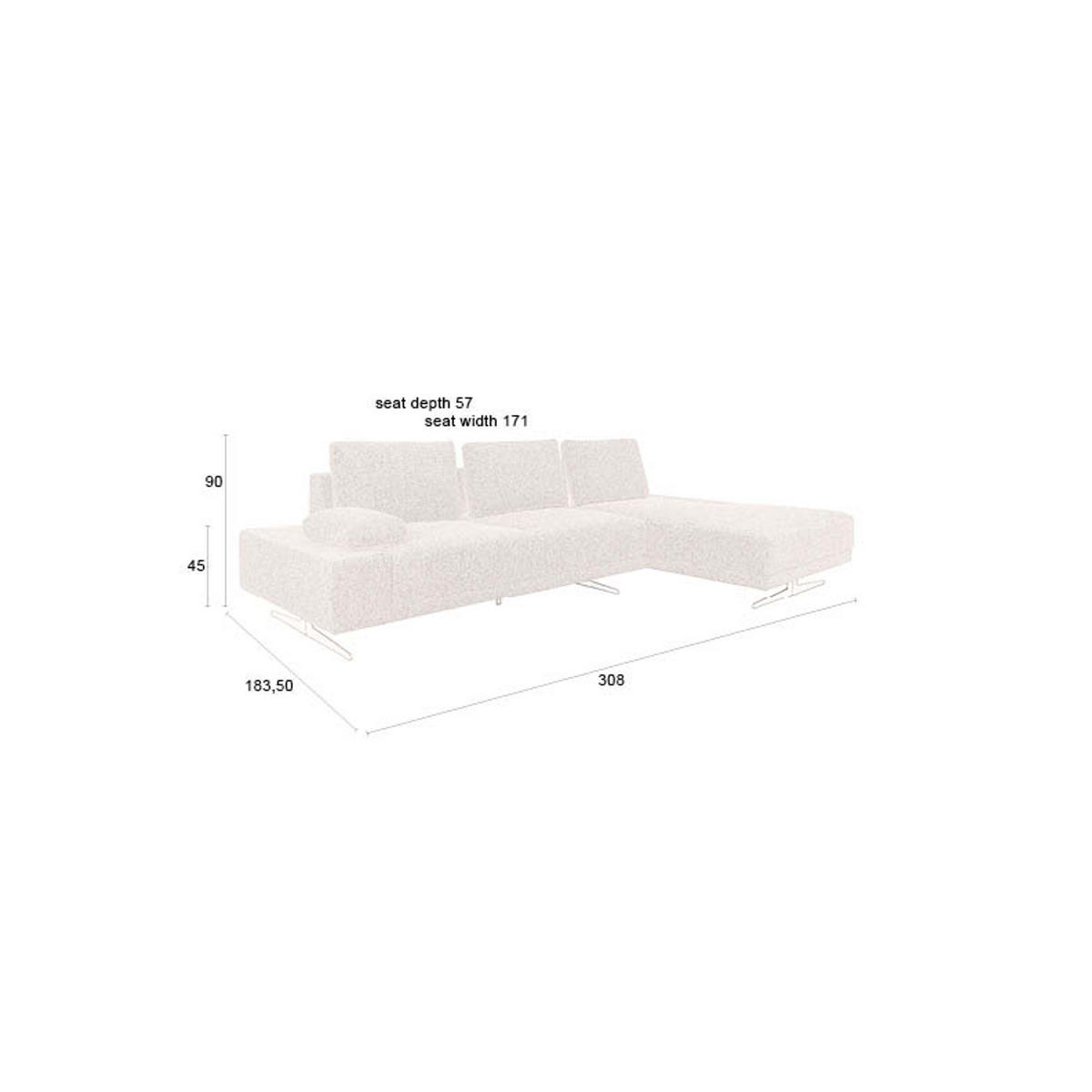 SOFA 3-SITZER Shelly Chaise Longue Rechts Off-White - Beige/Weiß, Kunststoff (308/90/183.5cm) - Dutchbone