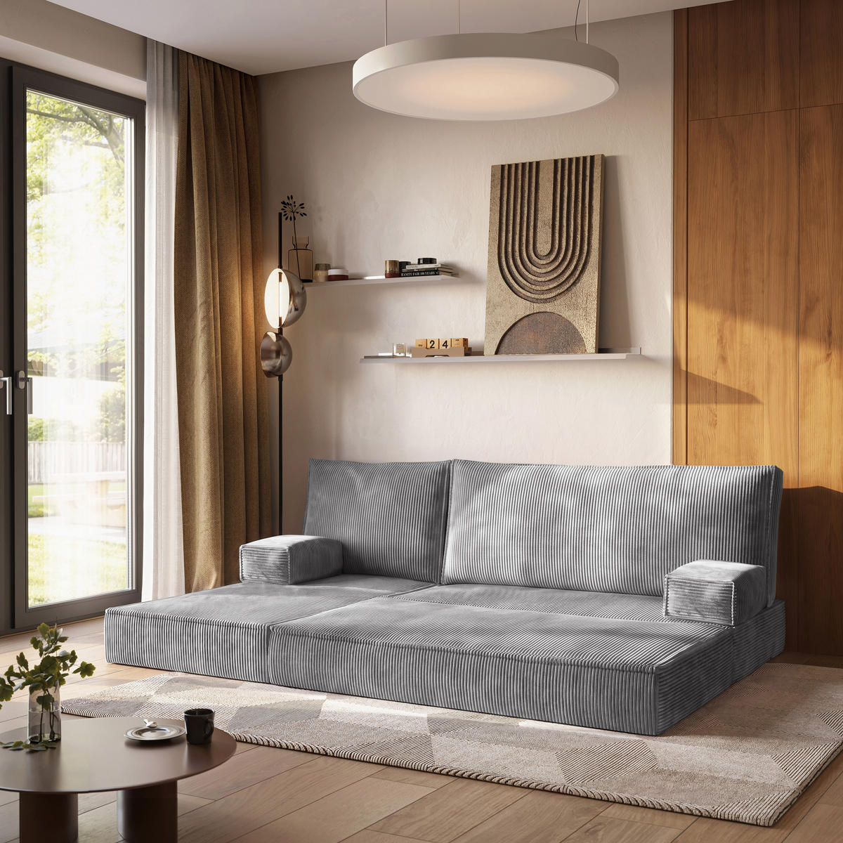 ROHOVÁ SEDAČKA NOTIA modulární Boneless pohovka s funkcí spaní, světle šedá POSO 55 - světle šedá, textil (200/120cm) - MASSENO
