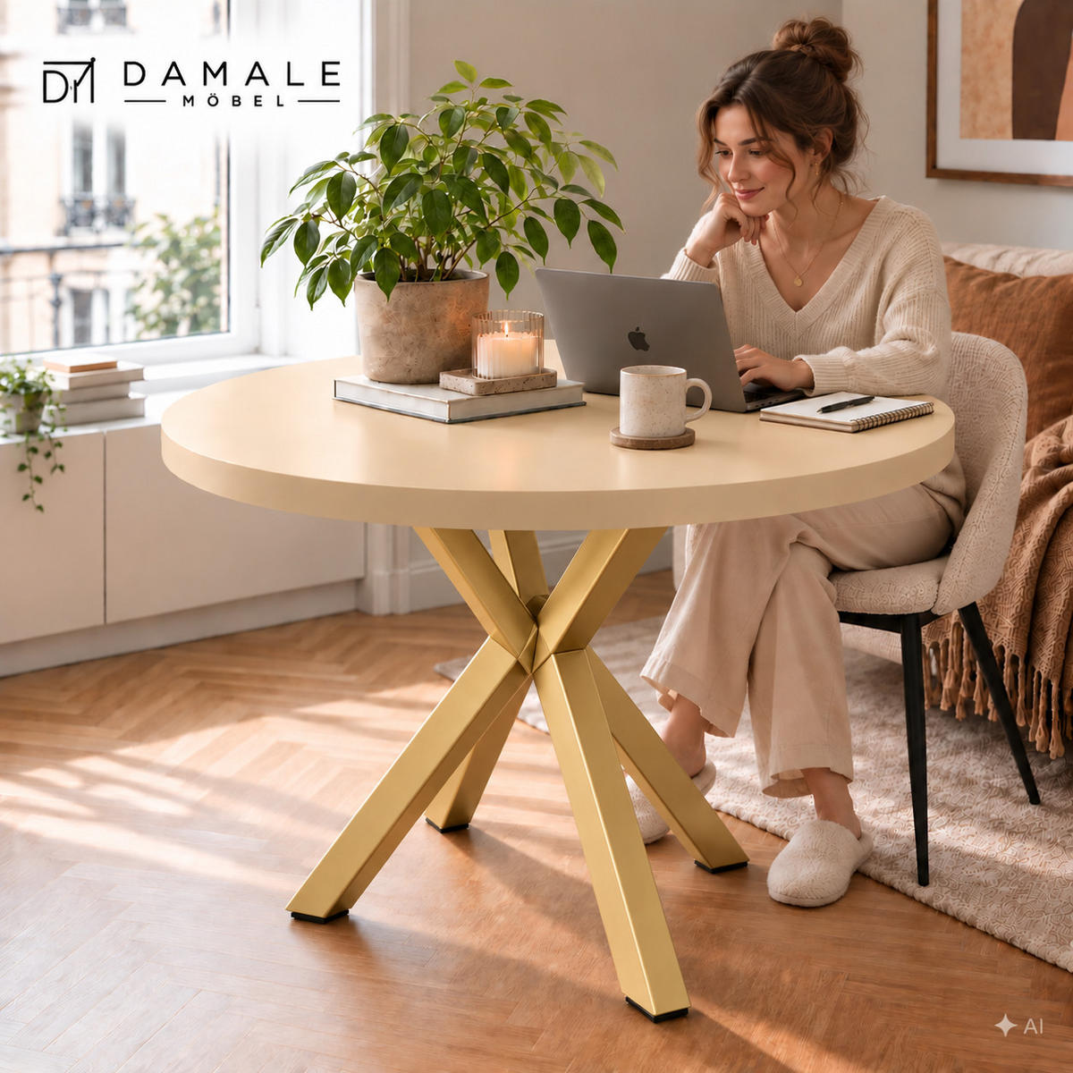 ESSTISCH rund ausziehbar 100-200/76 cm, Kaschmir, 54 cm Tischplatte + X Metallbeine Gold - Kaschmir/Goldfarben, Holzwerkstoff/Metall (100/200/76cm) - Damale Möbel