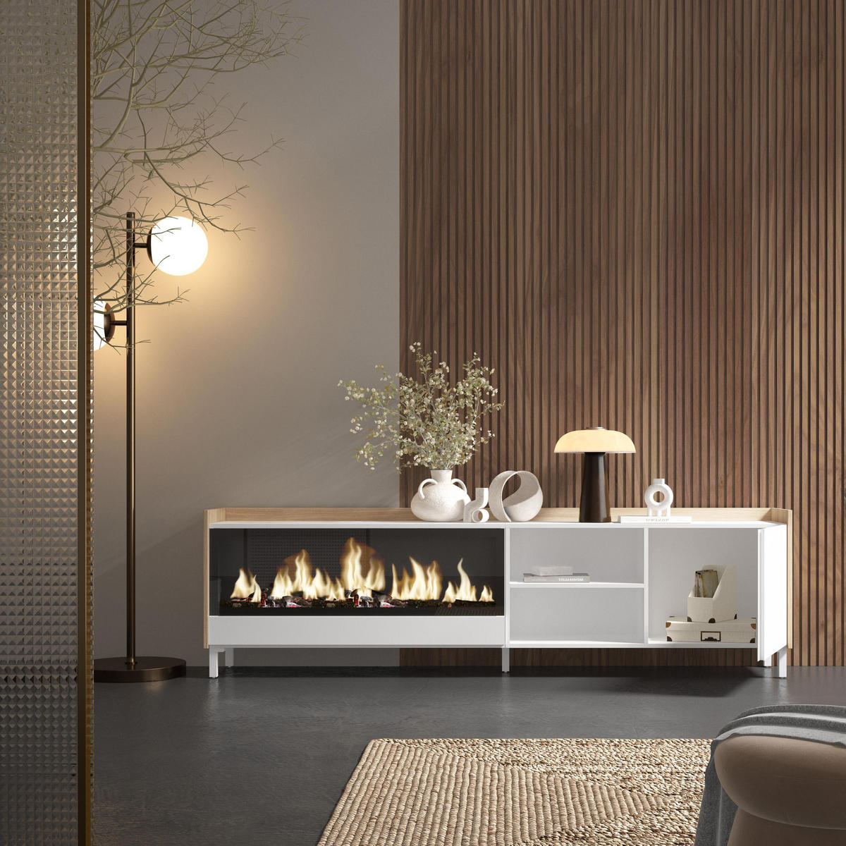 LOWBOARD, Weiß und Eiche, 212/35/61cm, Kamin mit Feuereffekt XXL - Weiß, Holzwerkstoff (212/61/35cm) - Skraut Home