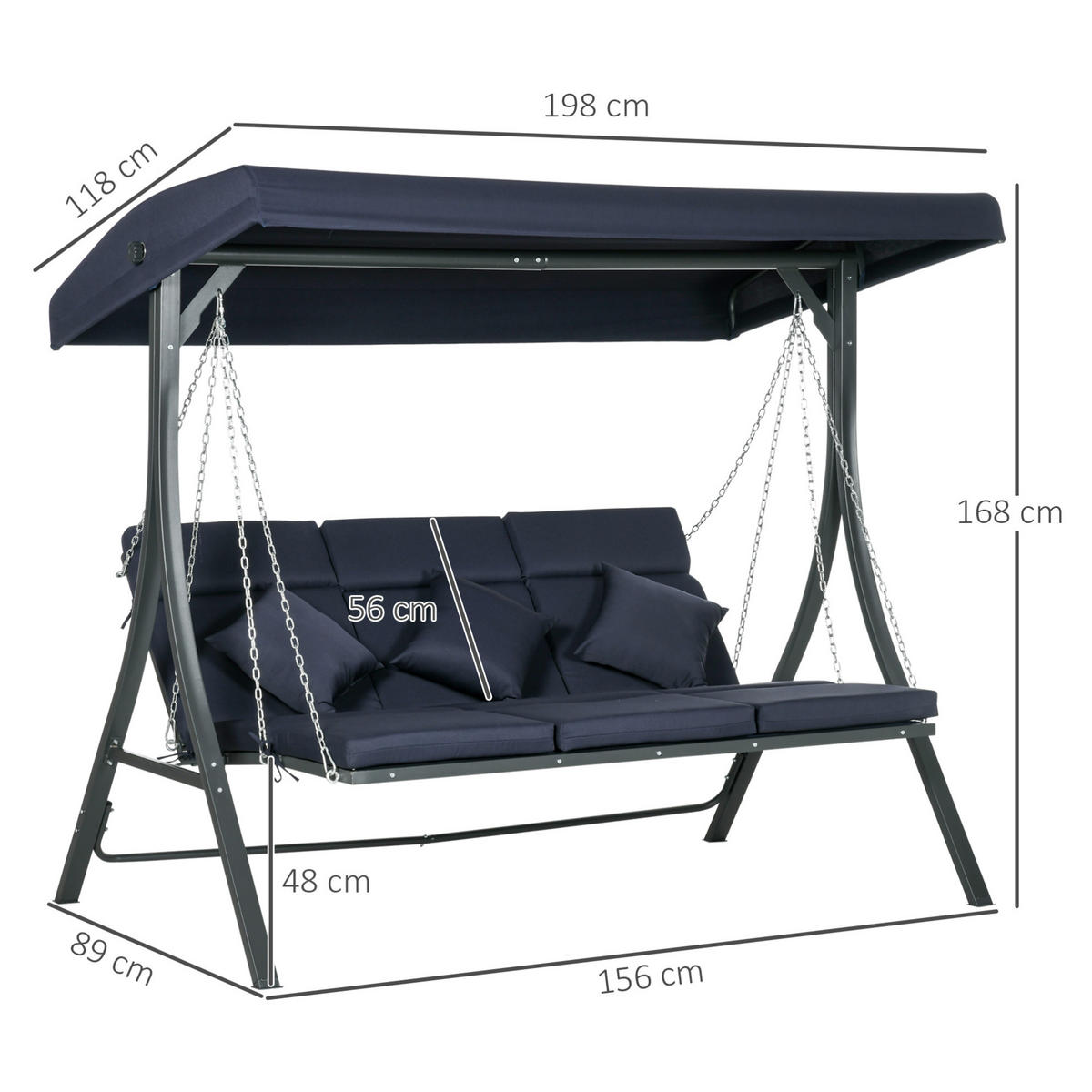 HOLLYWOODSCHAUKEL 3-Sitzer mit verstellbarem Sonnendach und Kissen, Dunkelblau - Dunkelblau, Metall (89/168/156cm) - Redom