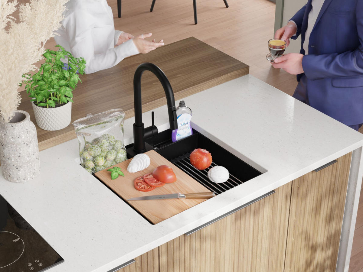 UNTERBAUSPÜLE GRANIT Bergen Pocket, 2-er set Schwarz 56/54 cm 1 Becken + Ablauf-Set + Küchenzubehörset ab 60er Unterschrank - Chromfarben/Beige, Kunststoff (56/20/54cm) - Primagran