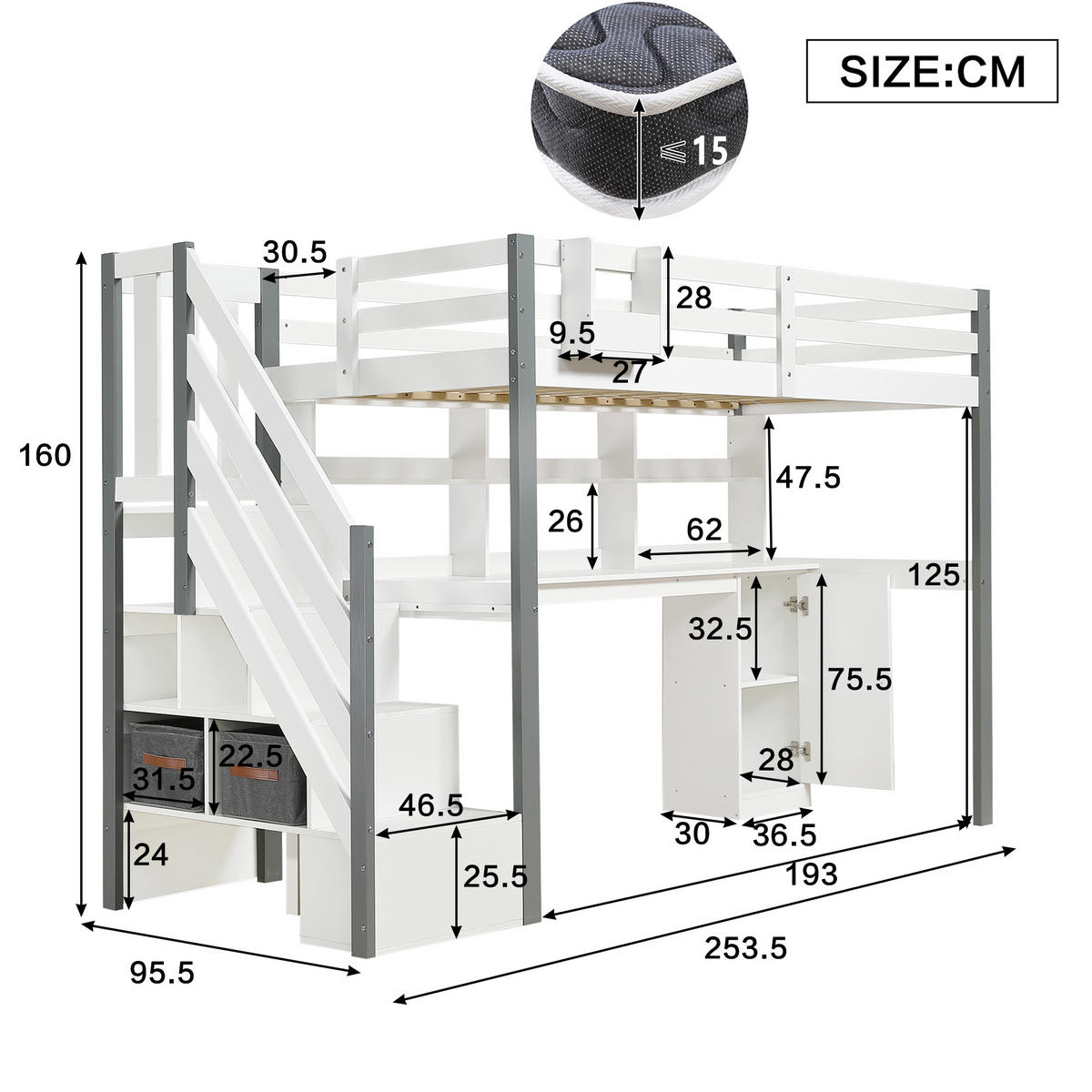 HOCHBETT 90x200 cm mit Treppe, Leiter, offenem Regal, Weiß - Weiß, Holz (90/200cm)