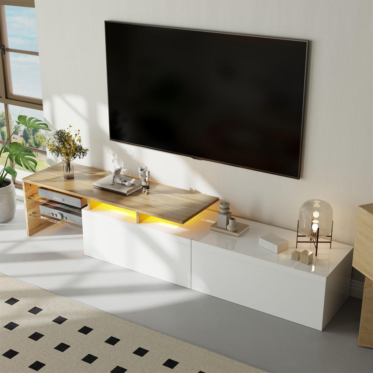 TV-ELEMENT170X33X33,5CM HochglanzWeiß mit LEDBeleuchtung und Glasböden - Naturfarben, Holz (42.19/18.42/143cm) - Raelunyi