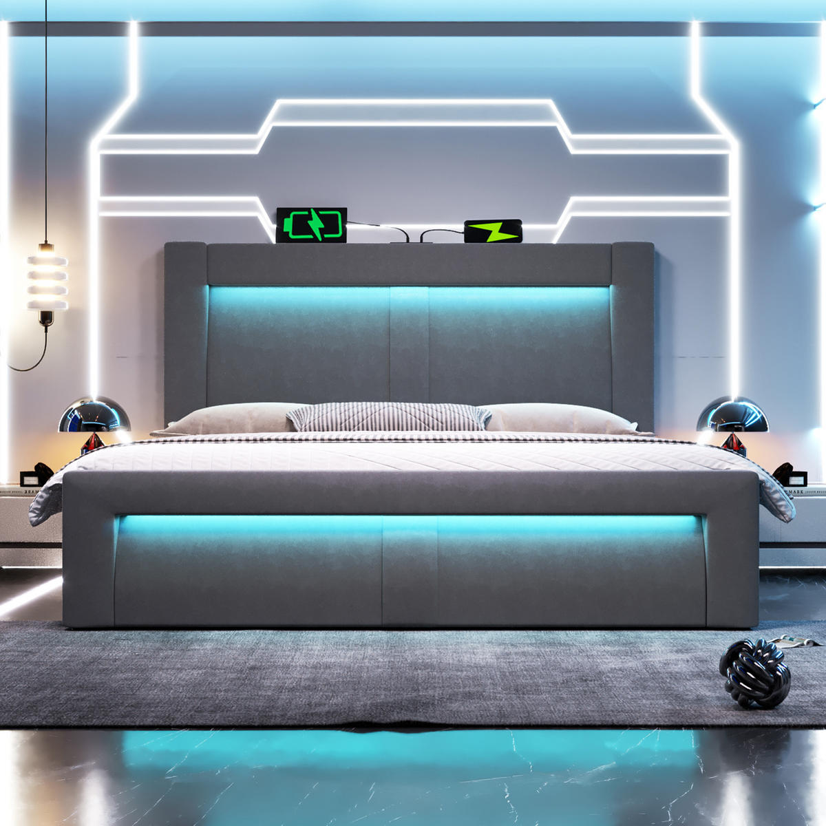 POLNJENA postelja iz žameta 160x200 cm siva s hidravličnim predalom, LED osvetlitvijo, USB in Type-C priključki - siva, tekstil (160/200cm) - Modfu