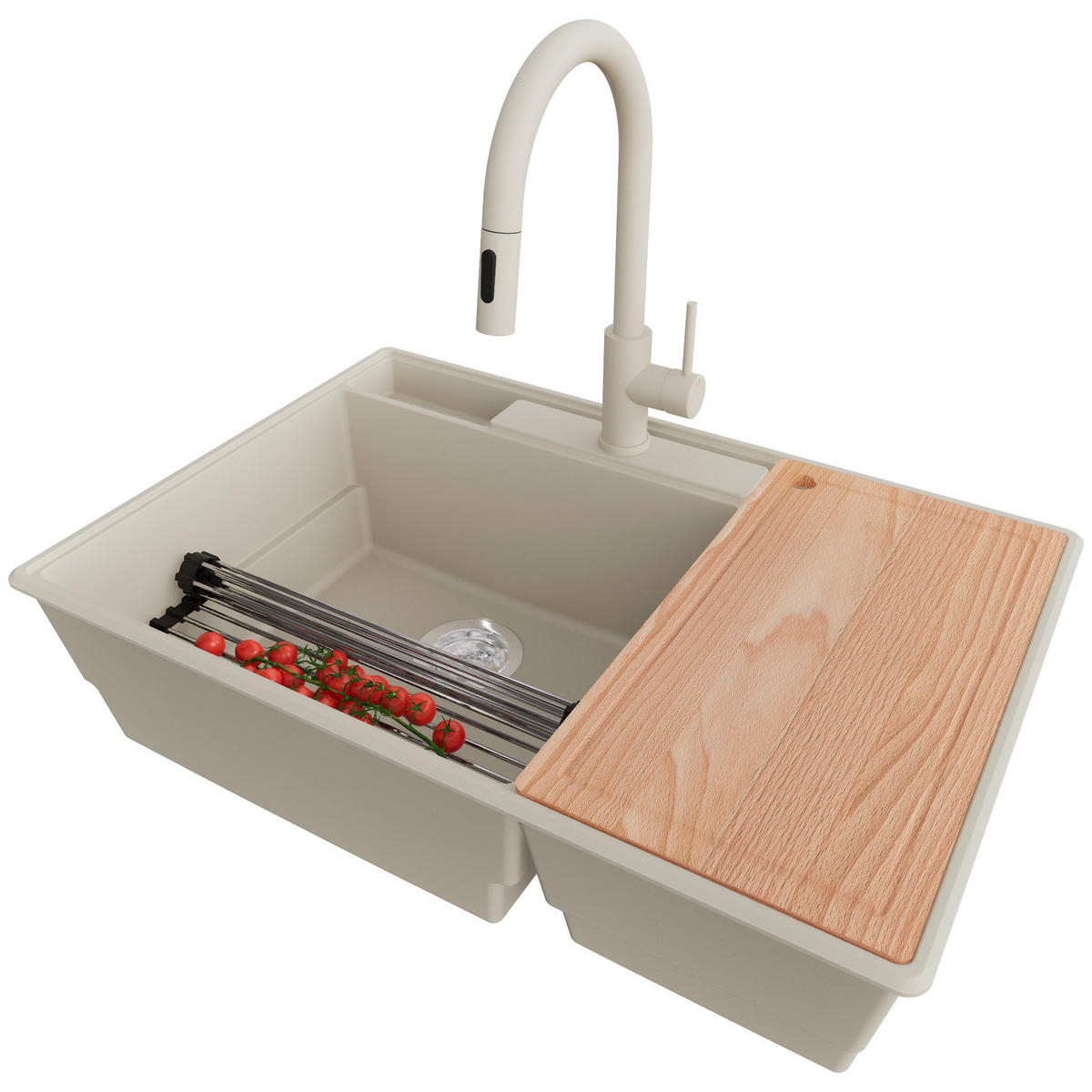 GRANITSPÜLE Paris, 2-er set Beige 78/53 cm 2 Becken + Küchenarmatur 40/20 cm + Ablauf-Set + Küchenzubehörset ab 80er Unterschrank - Chromfarben/Edelstahlfarben, Kunststoff (78/20/53cm) - Primagran