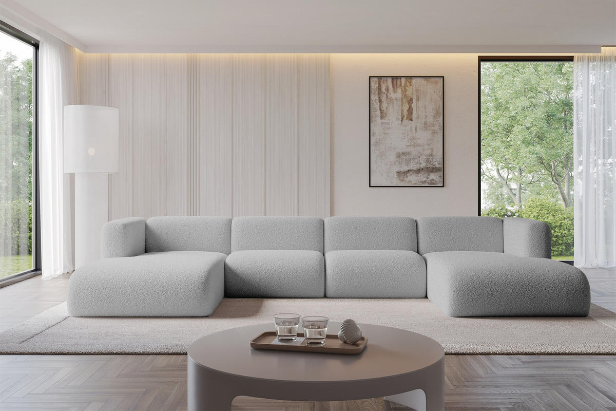 WOHNLANDSCHAFT MIRA-U2 408x179x70 Hellgrau Bouclé - Silberfarben/Hellgrau, Holzwerkstoff/Kunststoff (408/70/179cm) - ALTDECOR