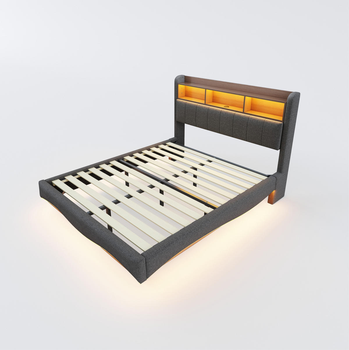 POLSTERBETT 160/200 cm Grau mit LED-Beleuchtung, Stauraum und USB- und Type-C-Anschlüssen - Grau, Textil (160/200cm) - Flora Grace