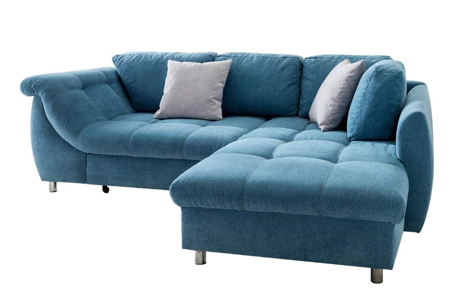 ECKSOFA mit Schlaffunktion, Wellenunterfederung, Ottomane rechts B250/T190/H84 cm, Liegefl. 179x190 cm, Mikrofaser Blau / 17107 - Blau/Chromfarben, Textil/Metall (250/190cm) - luma-home