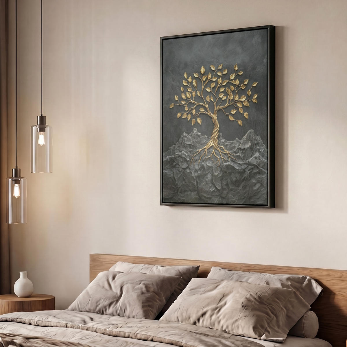 LEINWAND Bilder mit Rahmen - Blätter - Gold - Baum - Fels - 60x80 - Schwarz, Textil (60/80cm) - MuchoWow