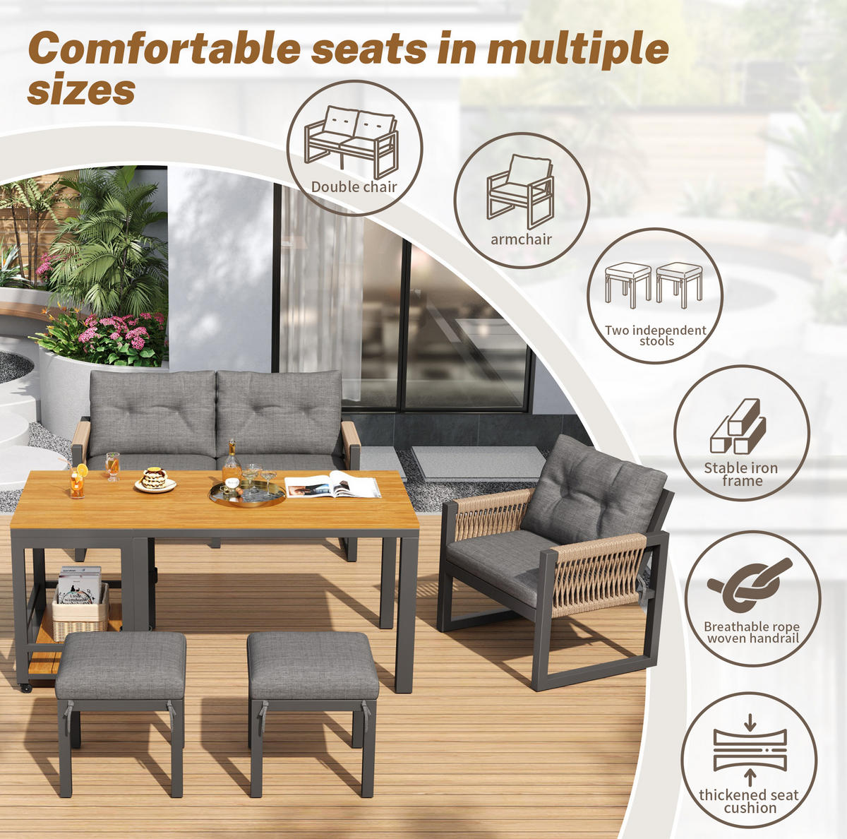 LOUNGEGARNITUR 150/79,5/75 cm Grau/Natur aus Eisen mit abnehmbarem Tisch 6er Set - Grau, Metall - OKMYHOME