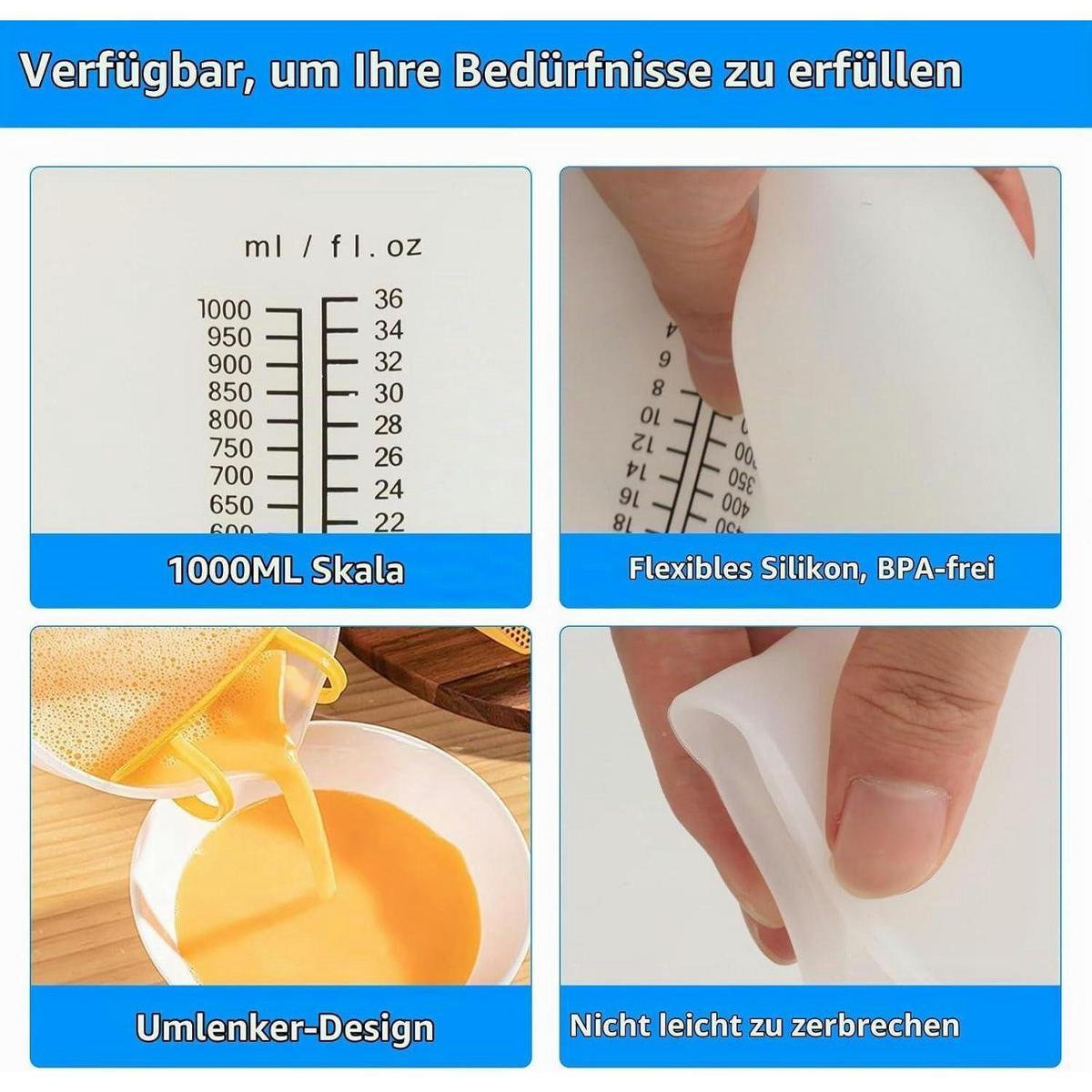 MESSBECHER 2-teiliges Set Silikon 1000 ml / 600 ml - Weiß, Kunststoff (1L)