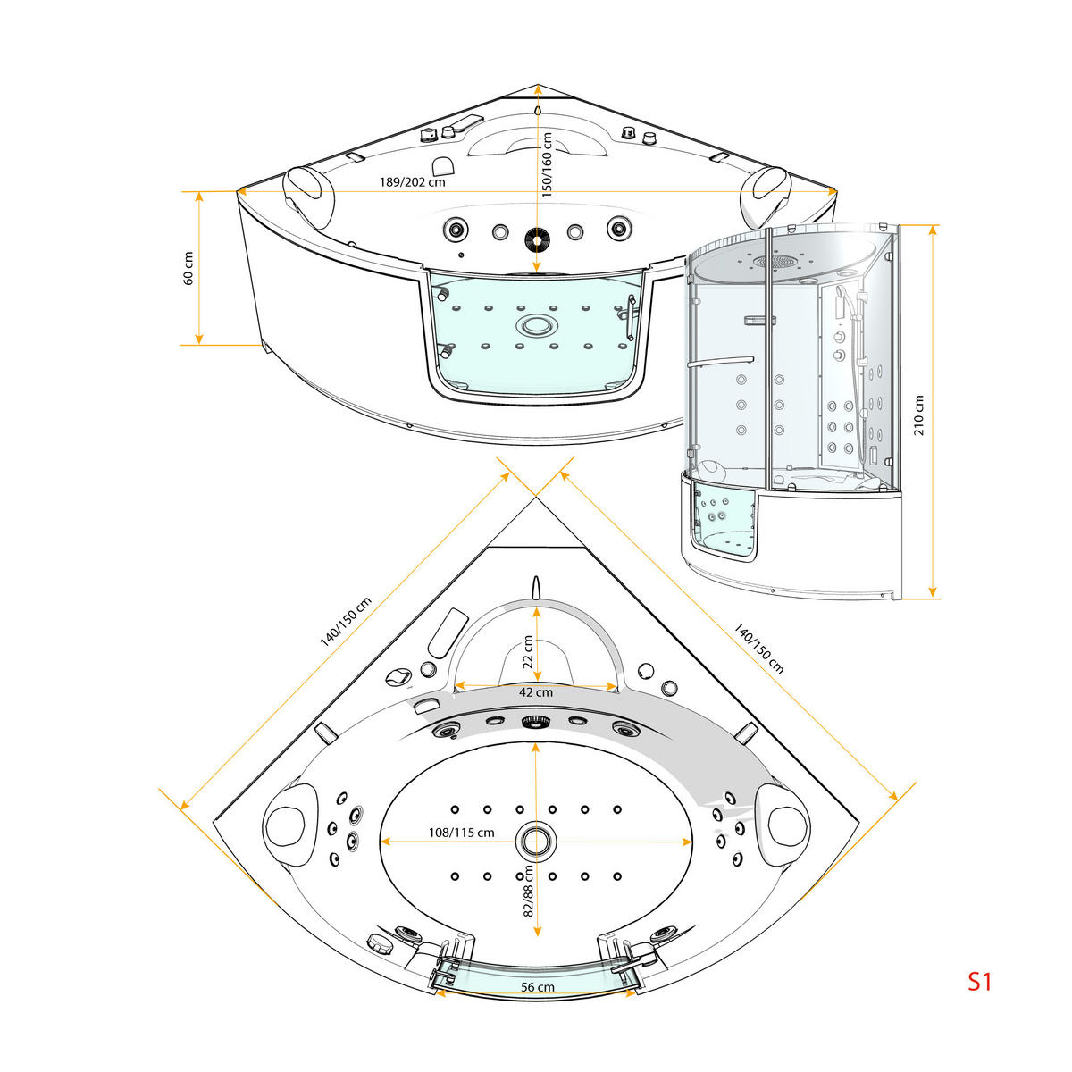 DAMPFDUSCHE Whirlpool K60-SW-TH-EC-SC - Schwarz, Glas/Kunststoff (140/140/210cm) - AcquaVapore by Sandra Jentho