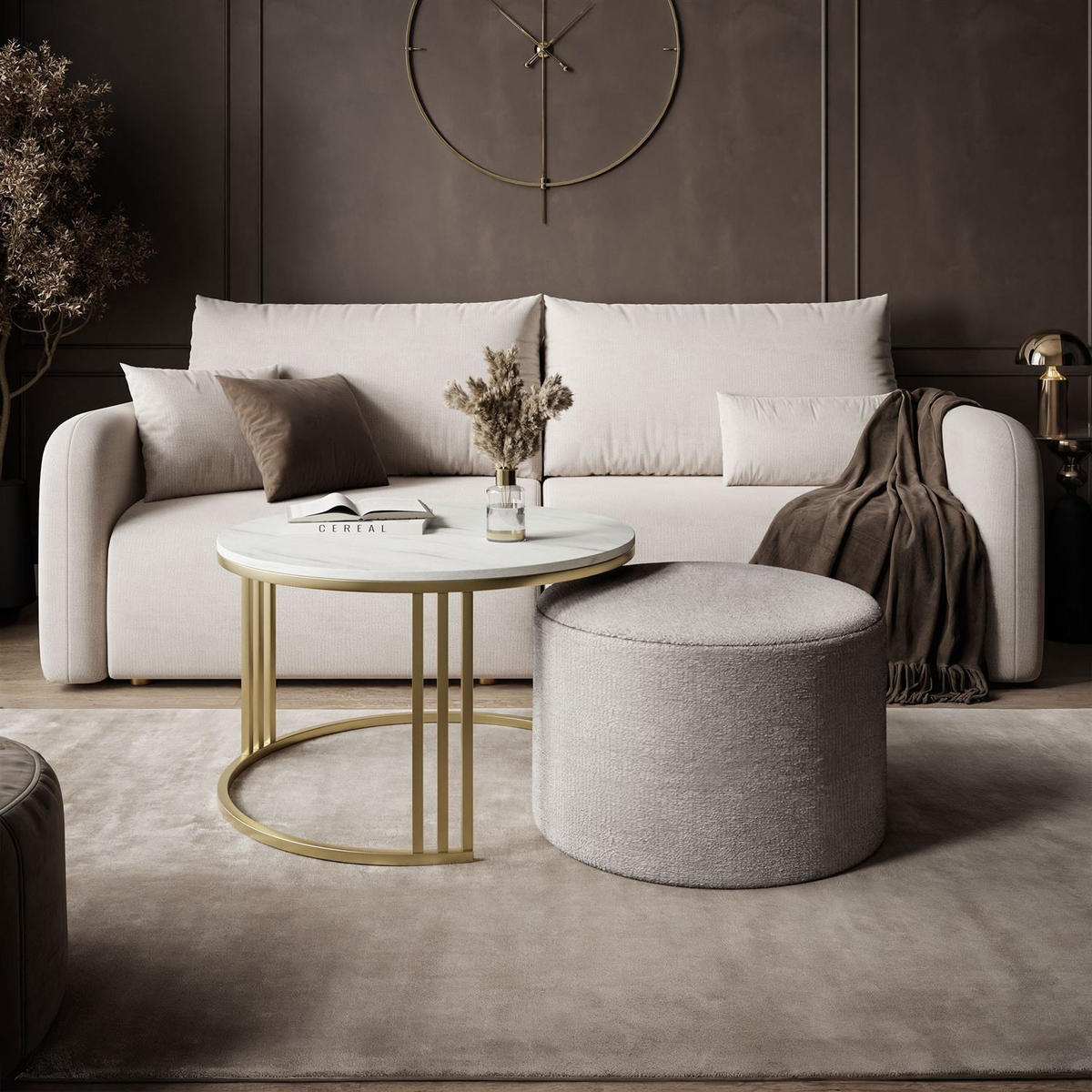 COUCHTISCH mit Hocker LORI MAT gebürstetes Gold/Marmor Levanto/Perfect Harmony 82 - Weiß, Metall (70/70/49cm) - Lookway