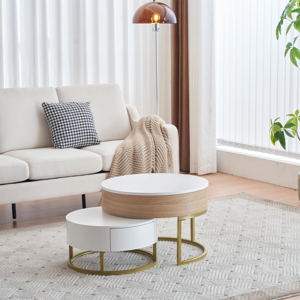 COUCHTISCH Set 2-tlg Gold Hochklappbar 2 Schubladen Satztisch Kombination - Weiß, Holz (78.5/78/22cm) - FLIEKS