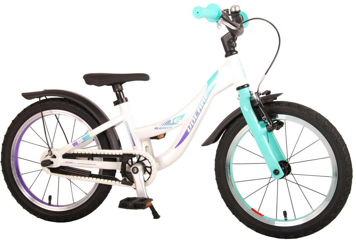 KINDERFAHRRAD Glamour - Mädchen - 16 Zoll - Rücktritt + Handbremse - Perlmutt Mintgrün - Weiß, Metall (56cm) - TPFSports