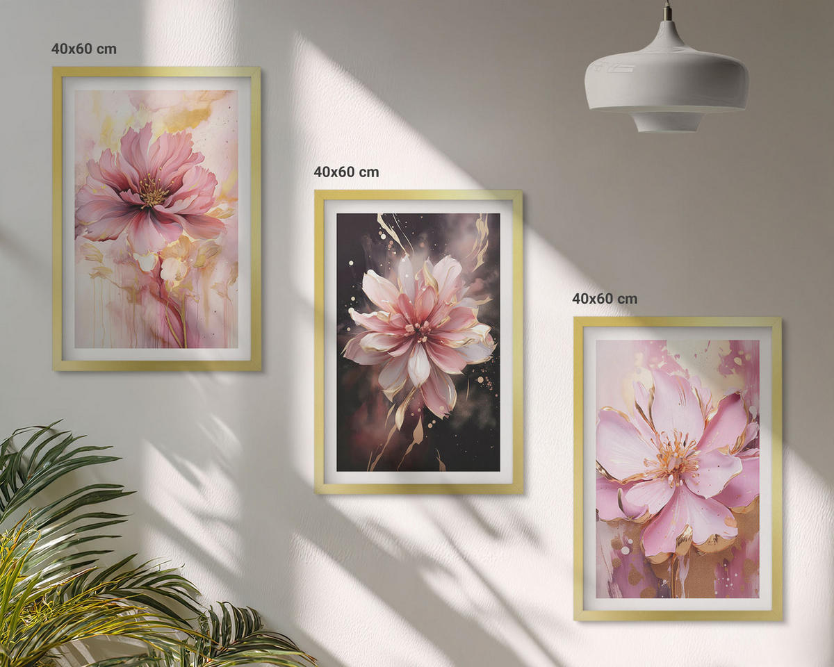 WANDBILDER 3er Set - 40x60 cm Goldrahmen - Blumenkompositionen aus Rosen und Weiß - Goldfarben, Kunststoff (40/60cm) - ArtPrintCave