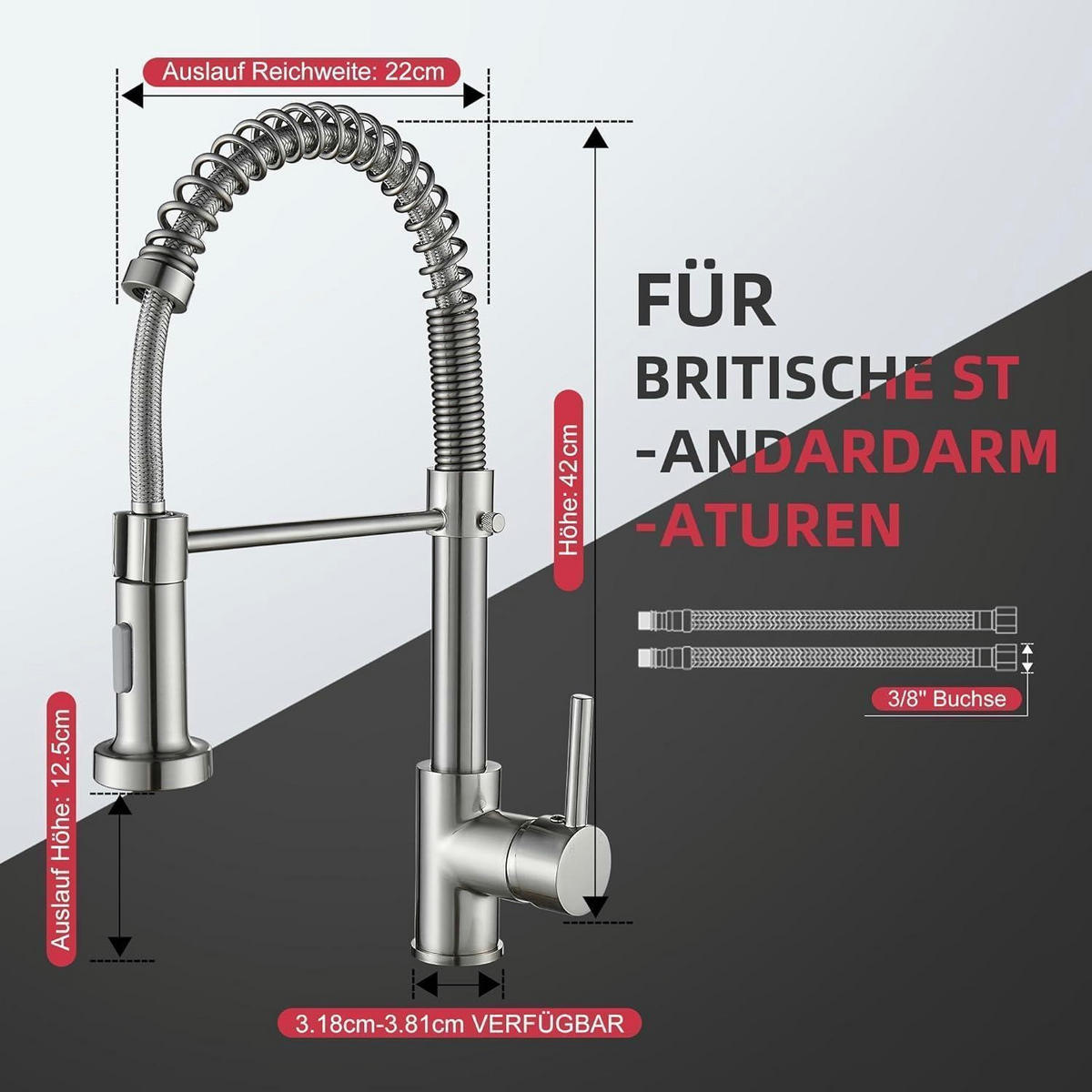 KÜCHENARMATUR mit Feder und ausziehbarem Sprühkopf gebürstetes Nickel - Silberfarben, Metall (21/13/42cm)