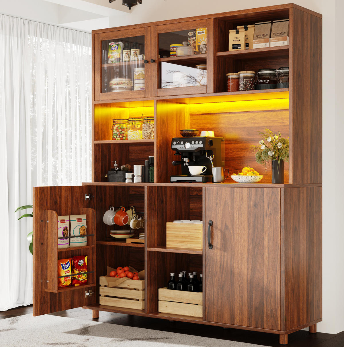 ANRICHTE Hochschrank 140/40/185 cm aus MDF und Glas mit LED-Beleuchtung und Schiebetüren Walnussbraun - Braun, Holzwerkstoff (140/185/40cm) - Modenvie