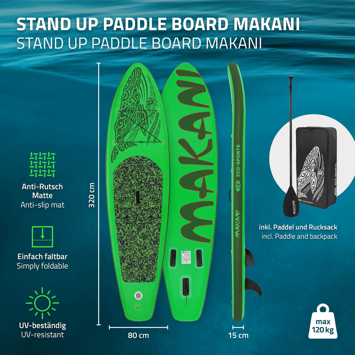 STAND UP PADDLE BOARD Makani Grün - Grün, Kunststoff (320/80/15cm) - ECD-Germany