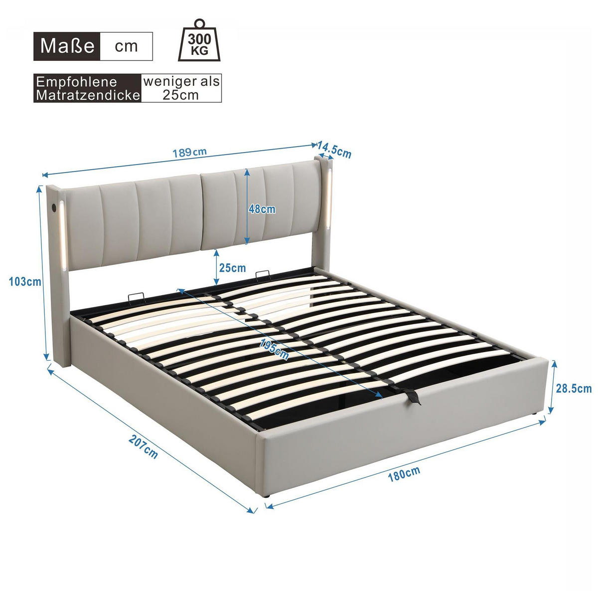 POLSTERBETT mit Stauraum und LED 180x200 cm PU Grau - Grau, Metall (180/200cm) - Meubliv