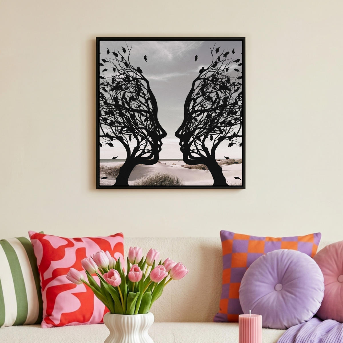 LEINWAND Bilder mit Rahmen - Strand - Meer - Menschen - Baum - Moderne Kunst - 50x50 - Hellgrau, Textil (50/50cm) - MuchoWow