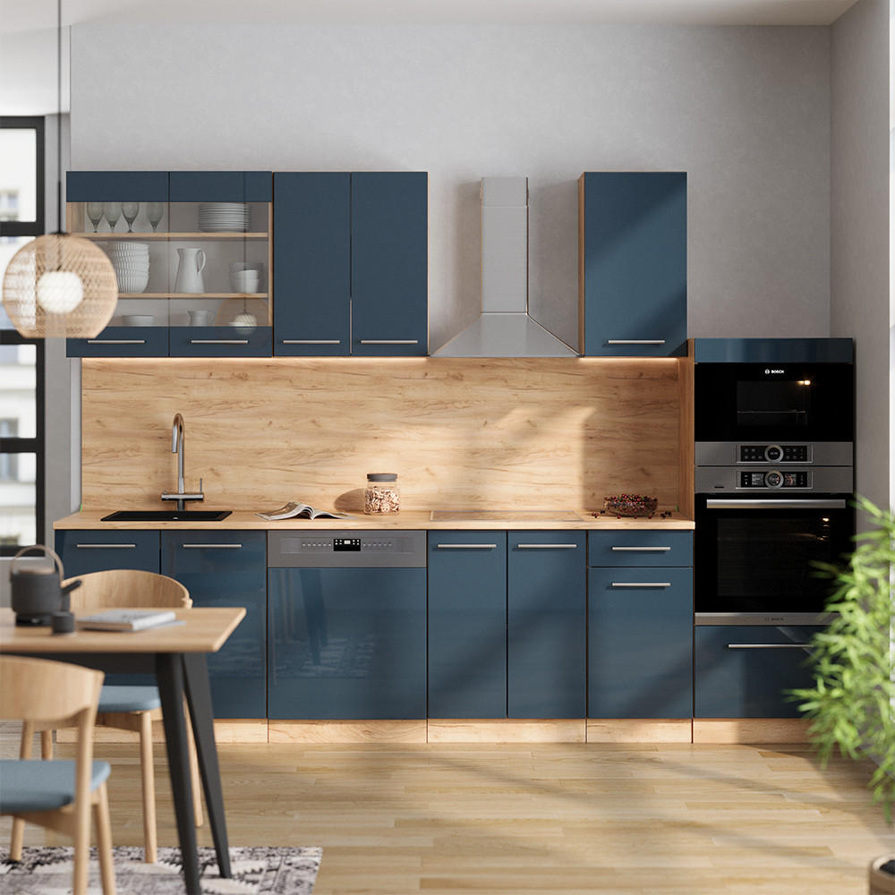 KÜCHENZEILE Fame-Line Dunkelblau Hochglanz/Goldkraft Eiche 300 cm ohne AP - Eiche Wotan/Dunkelblau, Holzwerkstoff (300/81.6/46cm) - Vicco