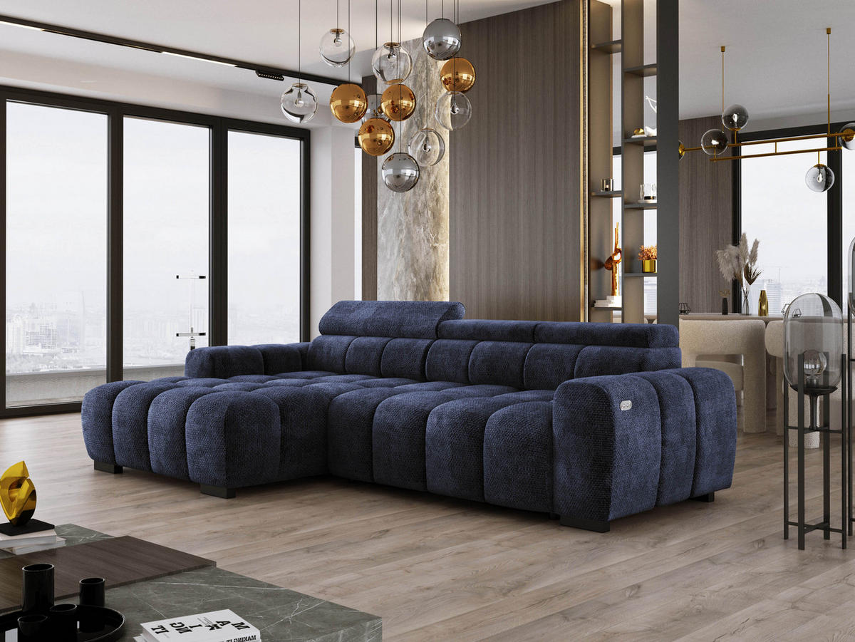 ECKSOFA OMBO 285x168x77/97 cm, Links, Schlaffunktion, elektr. Sitz, Kopfstützen, hydrophober EDEN-Stoff – Dunkelblau - Dunkelblau, Holz/Textil (168/285cm) - DomoHome