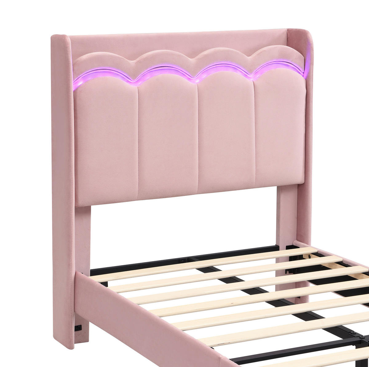 KINDER-POLSTERBETT aus Samt 90x200 cm Rosa mit Stauraumschublade und App-gesteuerter LED-Beleuchtung - Pink, Textil (90/200cm) - Modfu