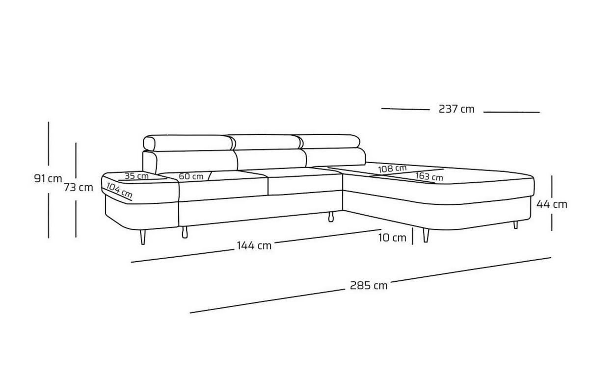 ECKSOFA JAZZ L Links mit Schlaffunktion 127x216 Velours Hellgrau - Hellgrau/Schwarz, Holz/Textil (285/237cm) - Muffo