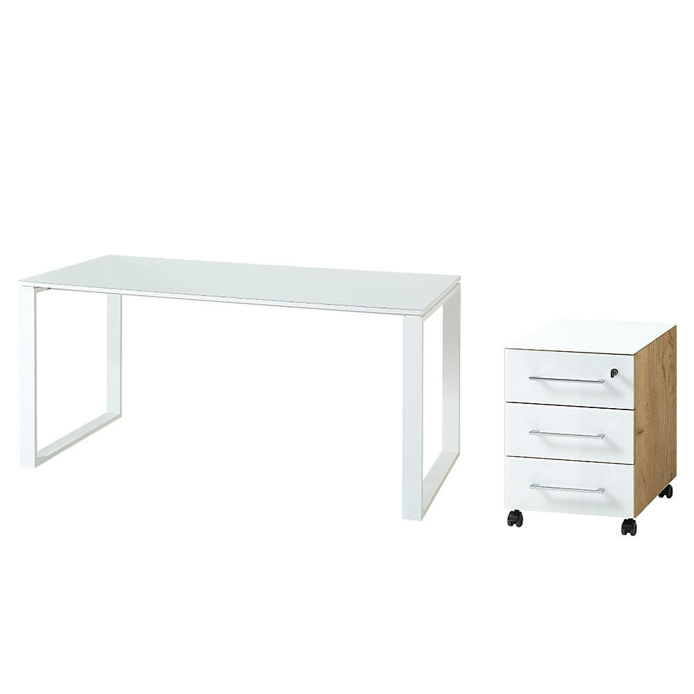 SCHREIBTISCH-SET MUENCHEN 160x80 cm | Glasplatte & Container | Chalet-Eiche-Nb./Weiß - Weiß, Glas/Metall (80/160/75cm) - KADIMA DESIGN