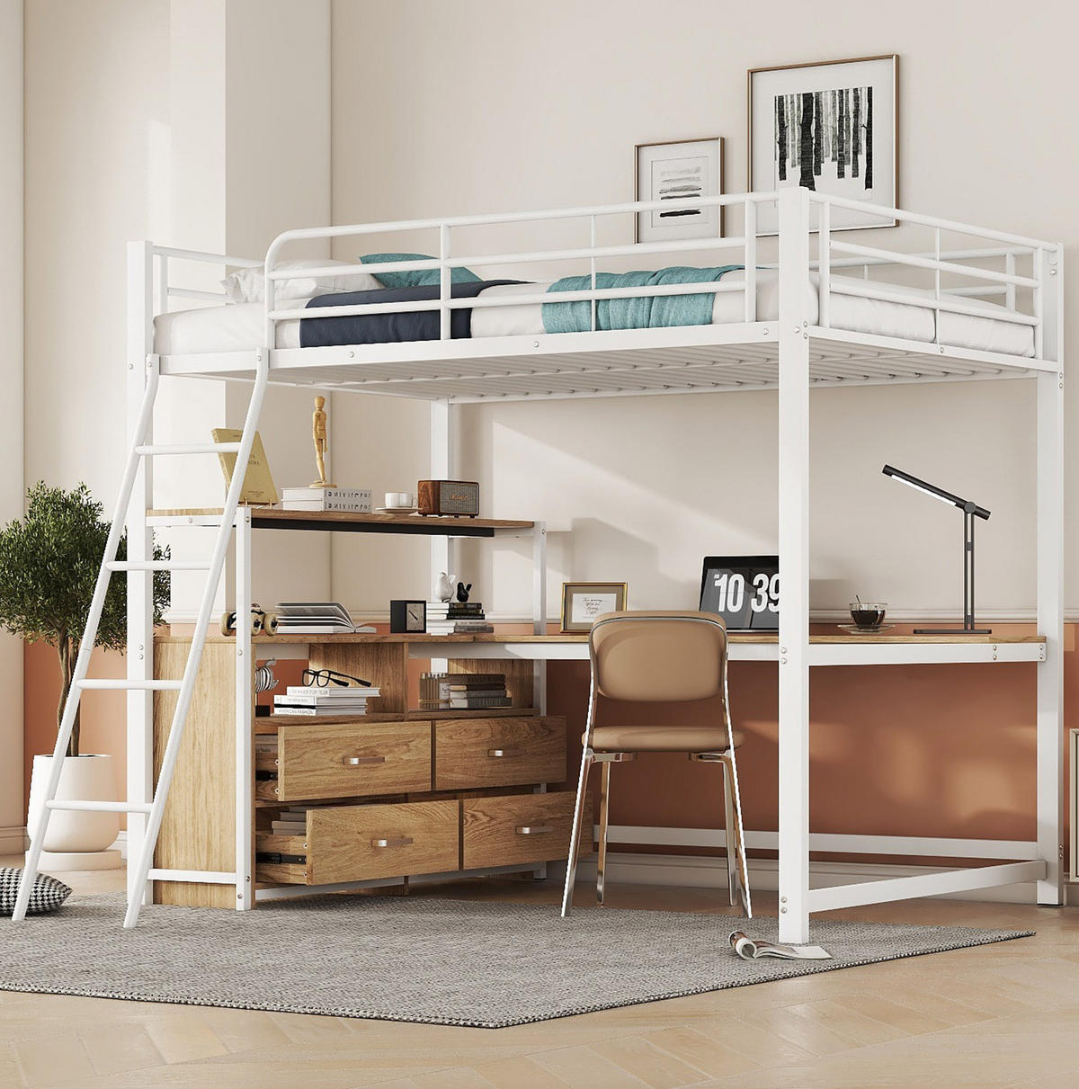 VYSOKÁ postel 140/200 cm bílá s psacím stolem a zásuvkami z MDF a kovu - bílá, kompozitní dřevo (140/200cm) - OKWISH