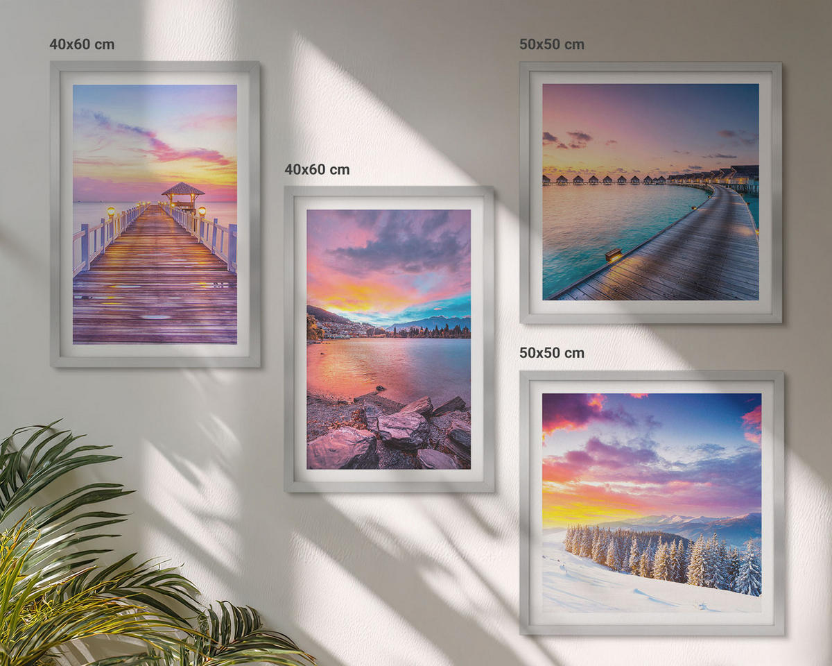 WANDBILDER 4er Set - 50x50 cm & 40x60 cm Silberner Rahmen - Winterlandschaft des Pierbergs - Silberfarben, Kunststoff (50/50cm) - ArtPrintCave