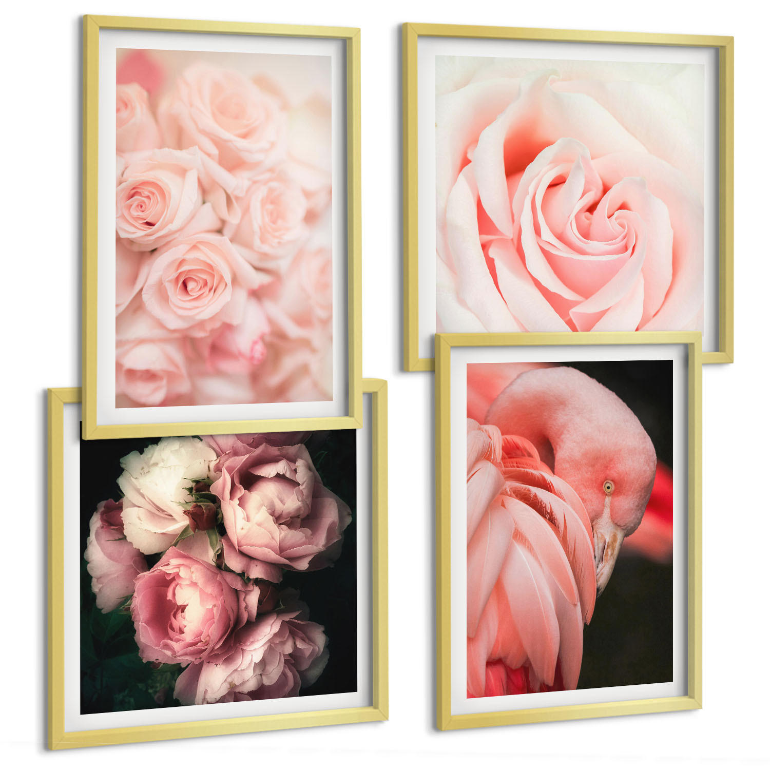 BILDER SET 4er Set - 50x50 cm & 40x60 cm Goldrahmen - Pastellrosa Flamingos - Goldfarben, Kunststoff (50/50cm) - TULUP