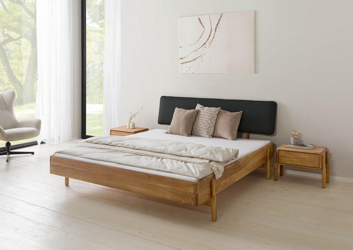 HOLZBETT Eiche 140x200x94 natur geölt, Kopfteil anthrazit KIEL #01 - Schwarz/Braun, Holz (140/200cm) - Massivmoebel24